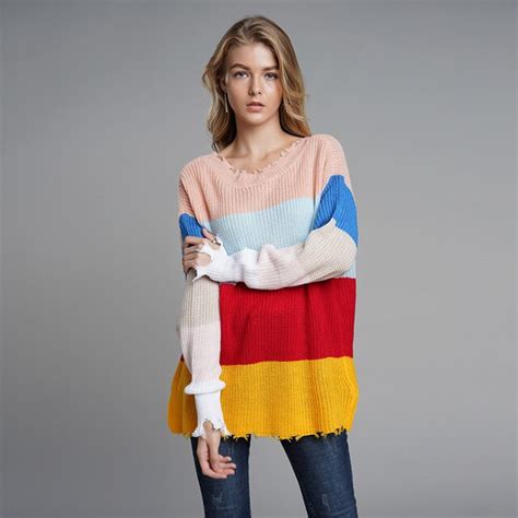 Reversible Loose Knitted Sweaters Colorful Stripe Patchwork Women Long Sleeve Pullover Spring
