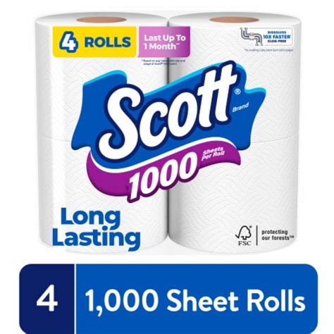 Scott 1000 Toilet Paper Regular Rolls 1 Ply Toilet Tissue 4 Ct King