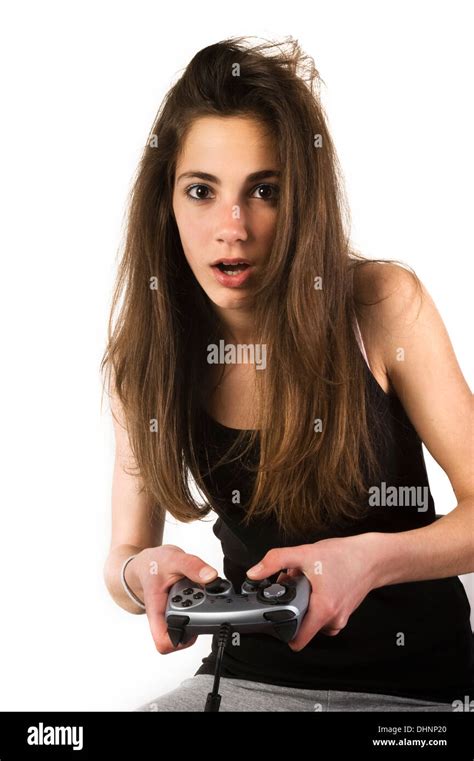 Teenage Girl Playing Video Games With A Joystick Stock Photo Alamy