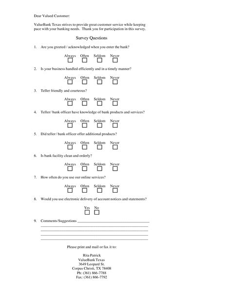 Sample Bank Survey Questionnaire Sample Templates At