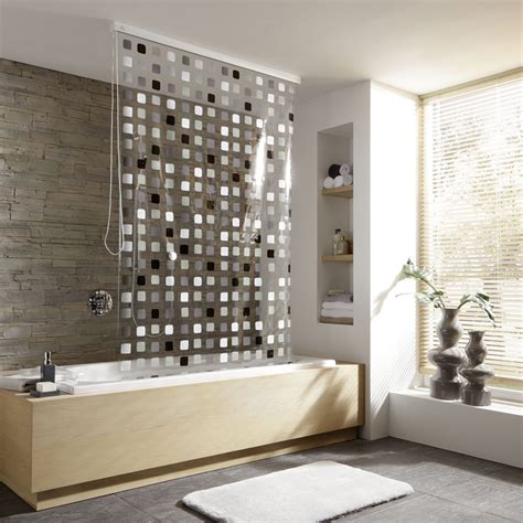 It suits various types of windows, ranging from a standard rectangular window to large glass. Kleine Wolke Vinyl Grey Squares Shower Roller Blind ...