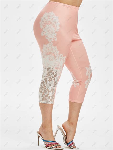 Off Printed Lace Panel High Waisted Plus Size Capri Leggings In Light Pink Dresslily