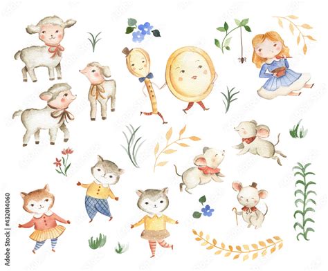 Nursery Rhymes Icons Watercolor Illustration Dish And Spoon And Mother