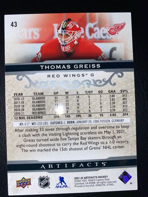 2021 22 upper deck artifacts red wings thomas greiss hockey cards 43 ebay