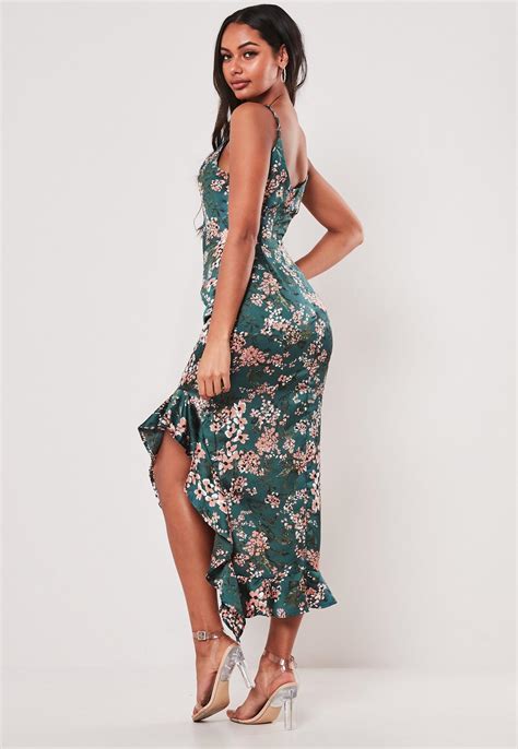 Teal Floral Satin Ruffle Side Cami Midi Dress | Missguided Australia