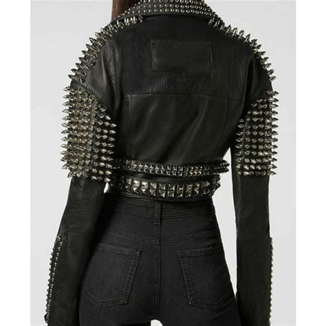 Women Silver Studs Short Body Leather Jacket Punk Spikes Leather
