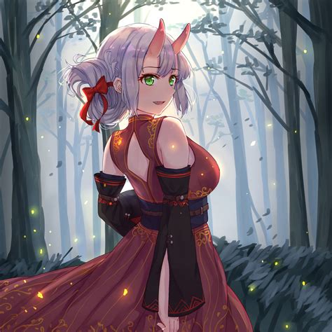 Download Wallpaper 2780x2780 Girl Demon Horns Forest Anime Art
