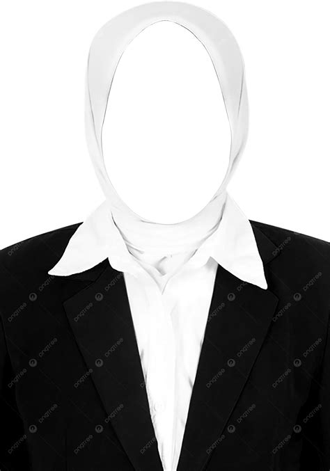 Gambar Sut Hitam Wanita Tanpa Tali Leher Memakai Tudung Putih Lutsinar