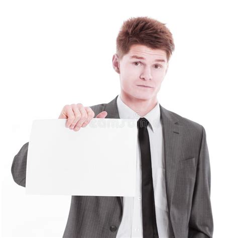 Young Businessman Showing A Blank Sheetisolated On A White Stock Photo