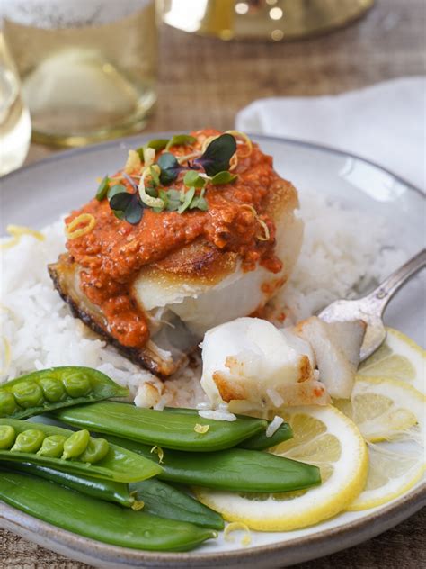 Sauteed Sea Bass With Romesco Sauce Couple In The Kitchen