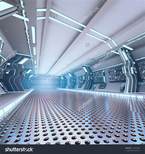 Futuristic Design Spaceship Interior With Metal Floor And Light