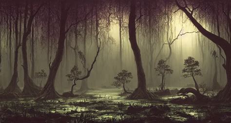 A Dense And Dark Enchanted Forest With A Swamp By Stable Diffusion