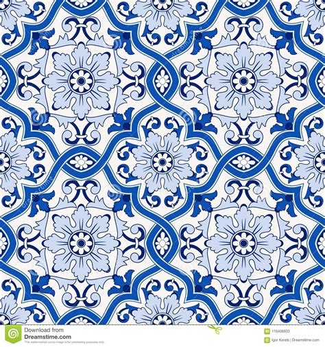 Gorgeous Seamless Pattern From Dark Blue And White Moroccan Portuguese