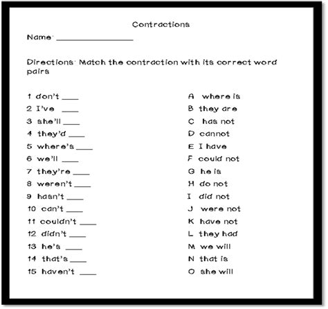 Second Grade Contractions Worksheet
