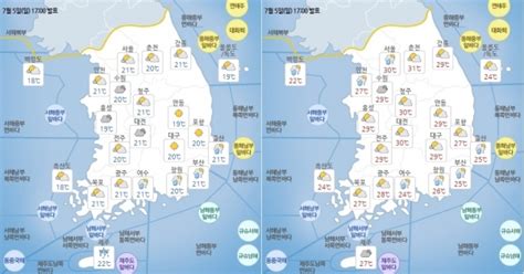 오늘의 날씨 6일 월요일 일기예보 전국 대체로 구름 많고 곳곳에 소나기낮 최고 기온 31도로 더워