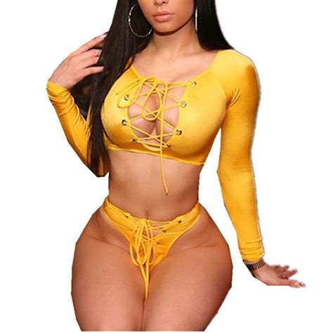 Buy Itfabs Hot Sexy Womens Wet Two Piece Long Sleeve Solid Yellow High Waist