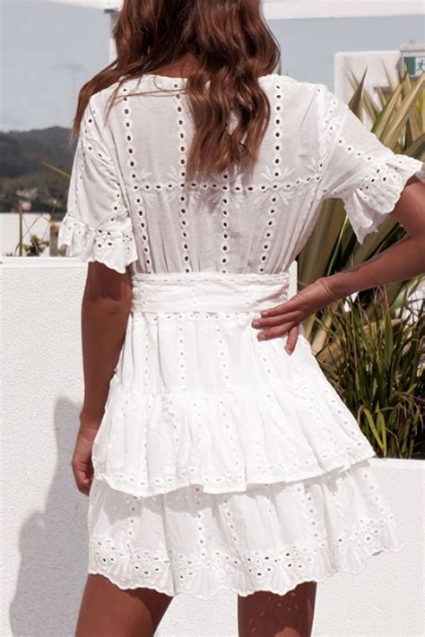 Summer Breeze White Embroidered Cotton Boho Sundress With Hollow Out
