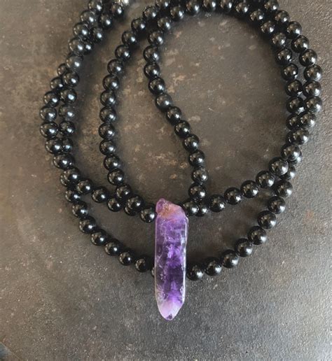 Mens Black Obsidian Necklace With A Purple Amethyst Crystal Etsy