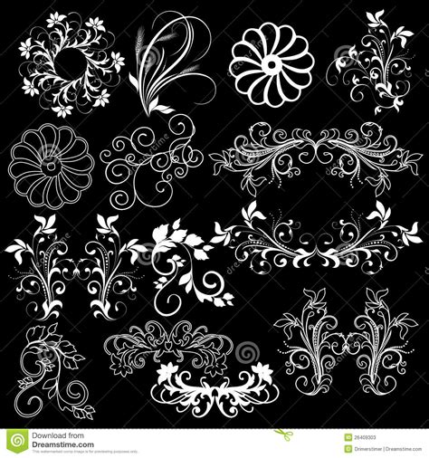 Floral Design Elements Black Background Stock Illustration