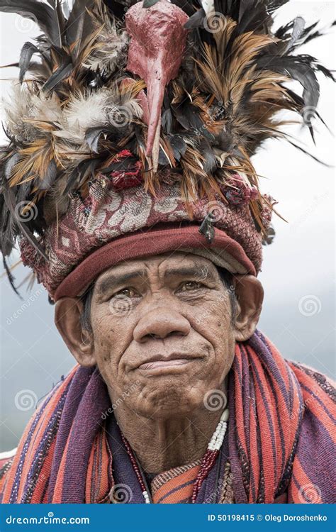 Portrait Old Ifugao Man In National Dress Next To Rice Terraces Banaue Philippines Editorial