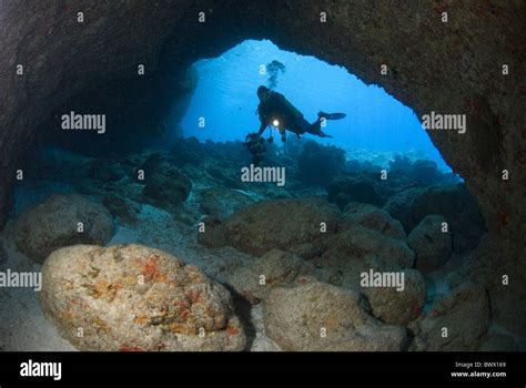 Diver Cave Torch Light Underwater Diving Sea Christmas Island Australia