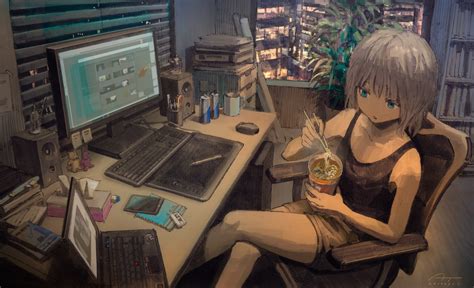 Wallpaper Anime Girls Computer City Urban Eating