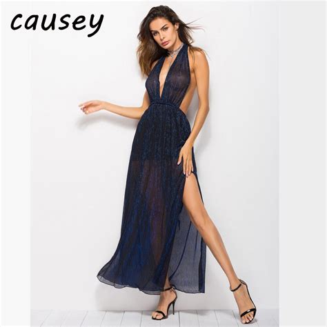 2018 New Women Deep V Sexy Halter Split Gown Party Dress Backless