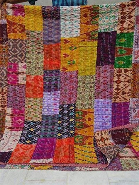 Beautiful bedspread made of upcycled saris. Indian King Size Patola Silk Patch Work Kantha Quilt ...