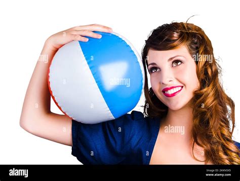 Portrait Of Attractive Young Woman With Beach Ball On Shoulder White
