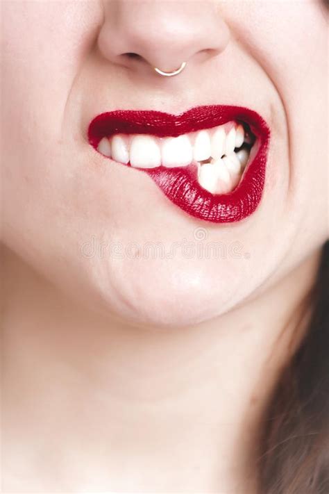 Female Lips With Red Lipstick Biting Stock Photo Image Of Skin