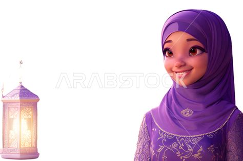 رسم توضيحي ثلاثي الأبعاد لفتاة مسلمه ترتدي الحجاب ايماءات وجه تدل على السعادة والسرور بقدوم شهر