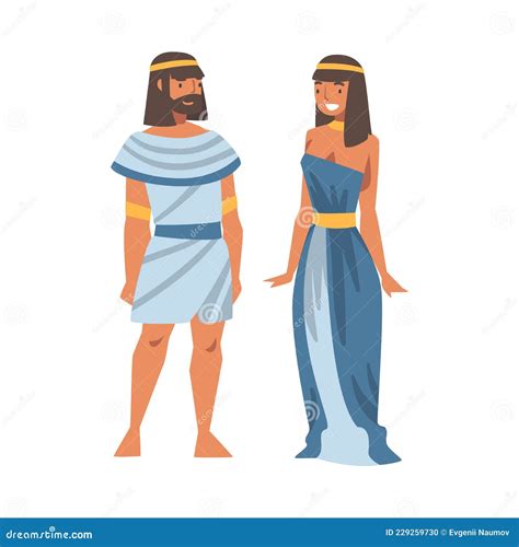 Egyptian Man And Woman Character Wearing Authentic Garment And Necklace