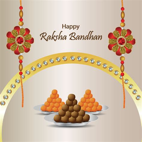 Indian Festival Of Happy Raksha Bandhan Celebration Greeting Card With Crystal Rakhi And Sweet