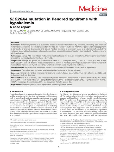 Pdf Slc26a4 Mutation In Pendred Syndrome With Hypokalemia A Case Report