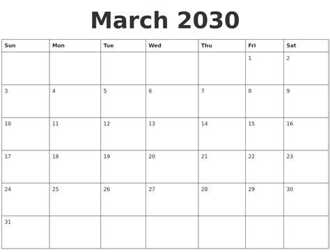 March 2030 Blank Calendar Template