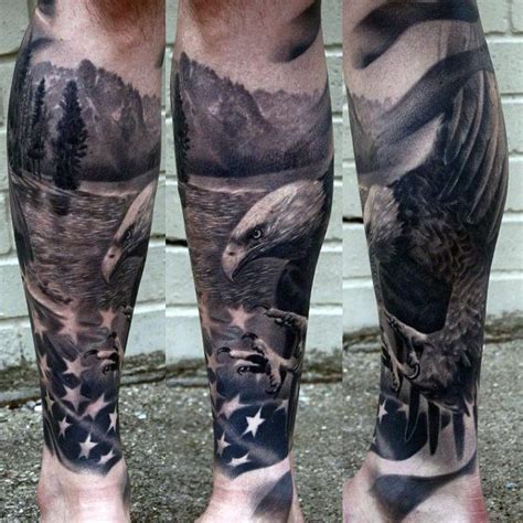 Bald Eagle On A Lake With Stars Tattoo Mens Lower Legs Patriotische