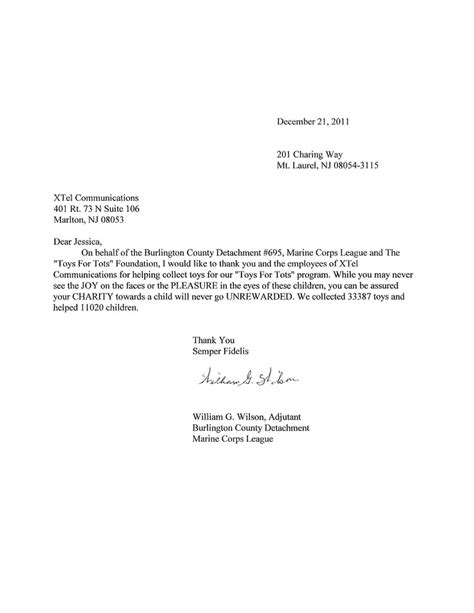 Thank You Letter From Marine Corps League Burlington County Charing