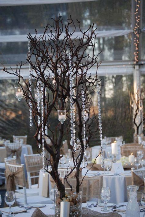 Manzanita Tree Centerpiece With Hanging Votives And Crystal Strands
