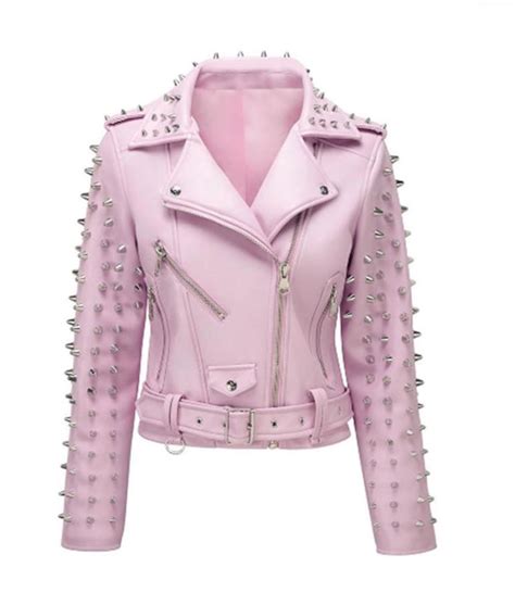 Ladies Pink Spikes Studded Leather Motorcycle Jacket