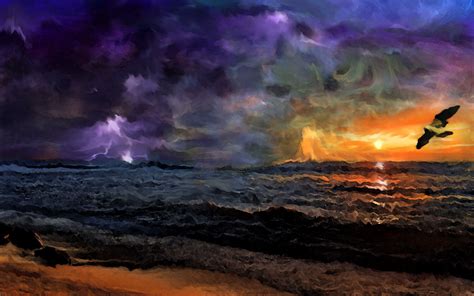 Wallpaper Painting Birds Sunset Sea Beach Sunrise Storm