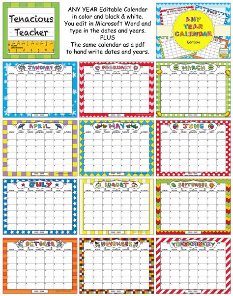 Any Year Editable Calendar School Printables Editable Calendar