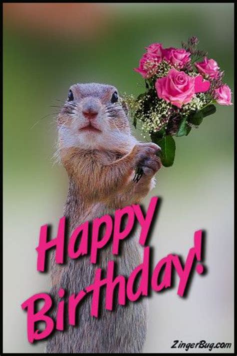 Happy Birthday Cute Squirrel With Bouquet Glitter Graphic Greeting