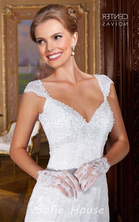 Fitted Empire Waist Sheer Back Lace Pearl Beaded Wedding Dress Cap