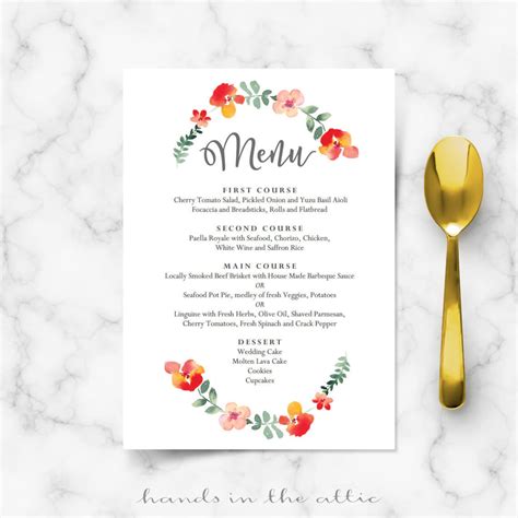 Wedding Menu Cards Template Food Reception Brunch Floral Etsy