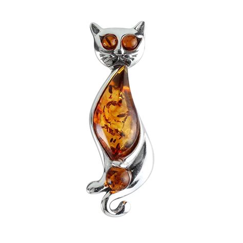 Sterling Silver Honey Baltic Amber Cat With Ball Brooch Sterling Silver Cat Cat Brooch