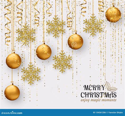 Merry Christmas Background With Shiny Snowflakes Golden Balls And Gold