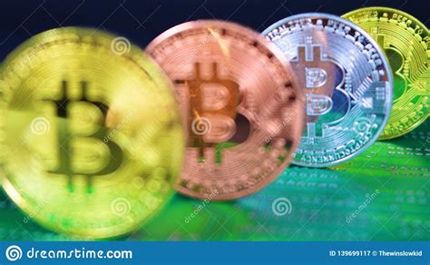 4 Bitcoins With Focus On Fourth Coin Back Stock Image Image Of