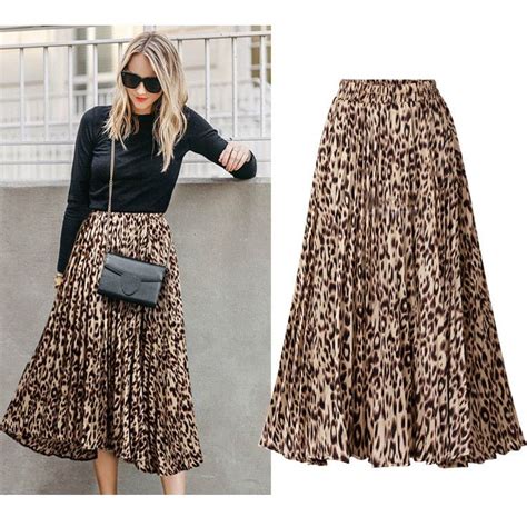 Plus Size Leopard Print Skirts Womens New Spring Autumn A Line Pleated
