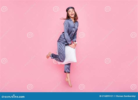 Full Length Body Size Photo Of Girl Riding Pillow On Pajama Party