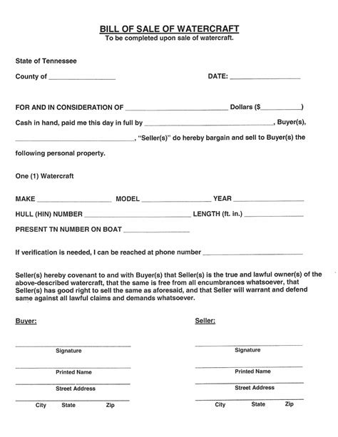 Free Tennessee Watercraft Bill Of Sale Form Download Pdf Word
